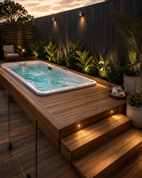A recessed swim spa turns the backyard into a space for exercise, recovery and relaxation.